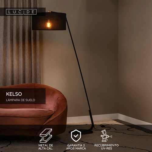 Lucide KELSO - Lámpara de suelo - 1xE27 - Negro - USP